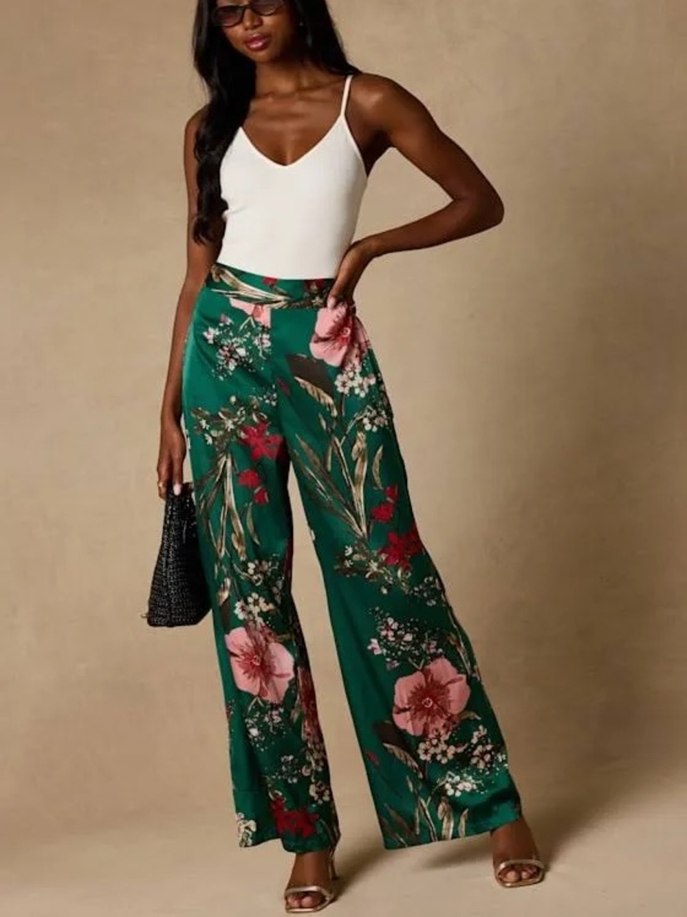 Lulu's Emerald Green Floral Wide-Leg Palazzo Pants